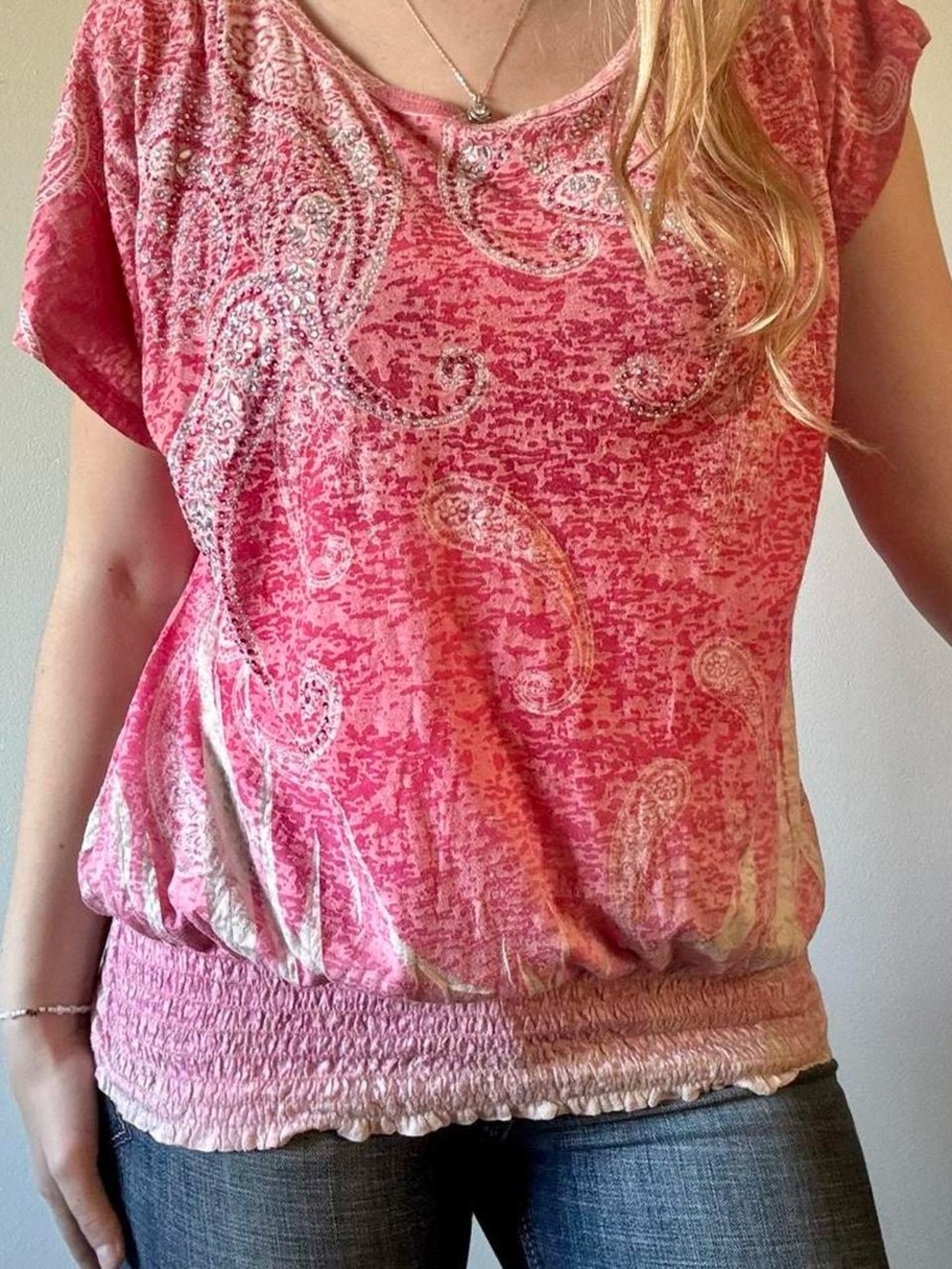 Y2K Katydid Pink Paisley Blouson Short Sleeve Top